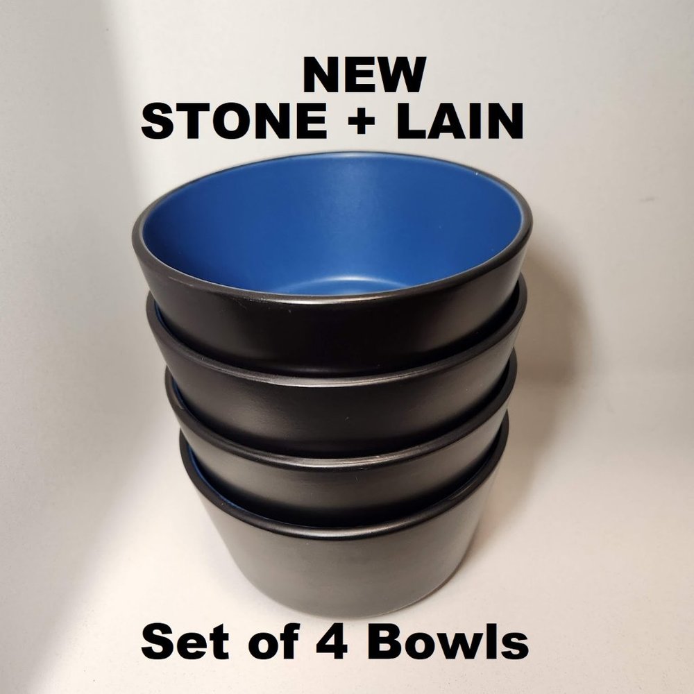 NEW Stone Lain 4 Bowls Replacement Stoneware Dinnerware Set Blue Black Ramen - Picture 1 of 6